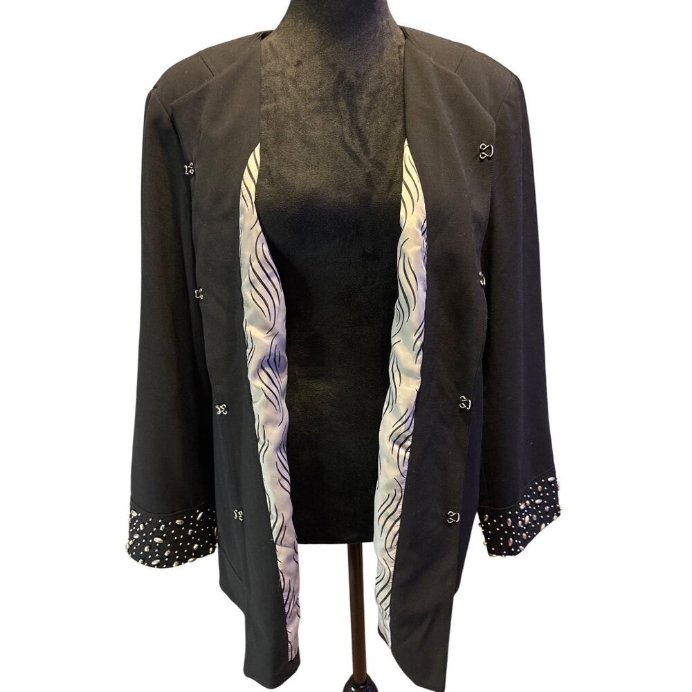Open Front Blazer XL Maggie Barnes Black Womens Beaded cuffed sleeves Designer